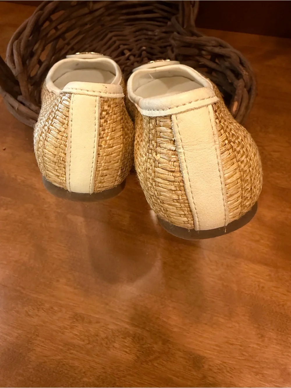 Tory Burch Natural Raffia Flats with White Trim and Gold Logo
